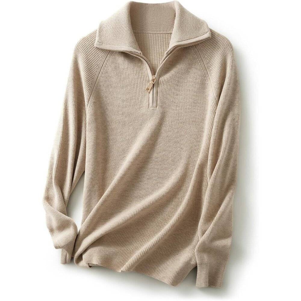 Women's Merino Wool Blend Sweater V Neck 1/4 Zip Long Sleeve Casual Warm